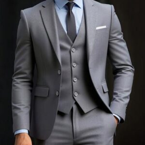 طقم بدلة رجالية أنيق مكون من 3 قطع، مناسب للعمل والمناسبات الرسمية، يتضمن بليزر وبنطال وسترة. تصميم كلاسيكي أنيق، وقصة ضيقة.