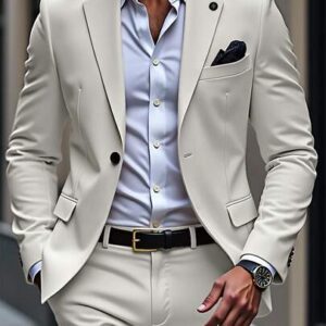 طقم بدلة رجالية من قطعتين من مانفينيتي مود، بتصميم خريفي أنيق، يتكون من جاكيت وبنطال بصف أزرار واحد وياقة مدببة، لون شامبانيا.