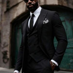طقم بدلة زفاف رجالية من 3 قطع بياقة مدببة | سترة وبنطال بتصميم توكسيدو أنيق وقصة ضيقة للمناسبات الرسمية
