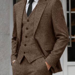 بدلة رجالية من ثلاث قطع من قماش التويد بنقشة متعرجة بقصة ضيقة | بدلة زفاف كلاسيكية (جاكيت + صدرية + بنطال) 3