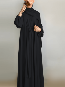 طقم عباءة طويلة محتشمة بتصميم كيمونو للنساء، مكون من قطعتين (بدون غطاء رأس) باللون الأسود الربيعي 3